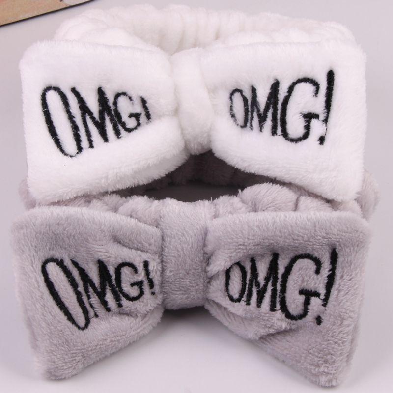 Versatile Candy Color Omg Letters Bow Headband Coral Fleece For Daily Facial Routines