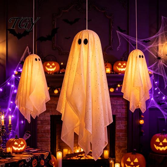 Beleuchtetes Geister-Set für Bäume 3 Stück Halloween Beleuchtete Hängende Dekorationen, Leuchtende Warme LED Schwebende Geister, Schwingende Ornamente Außen Display Baum