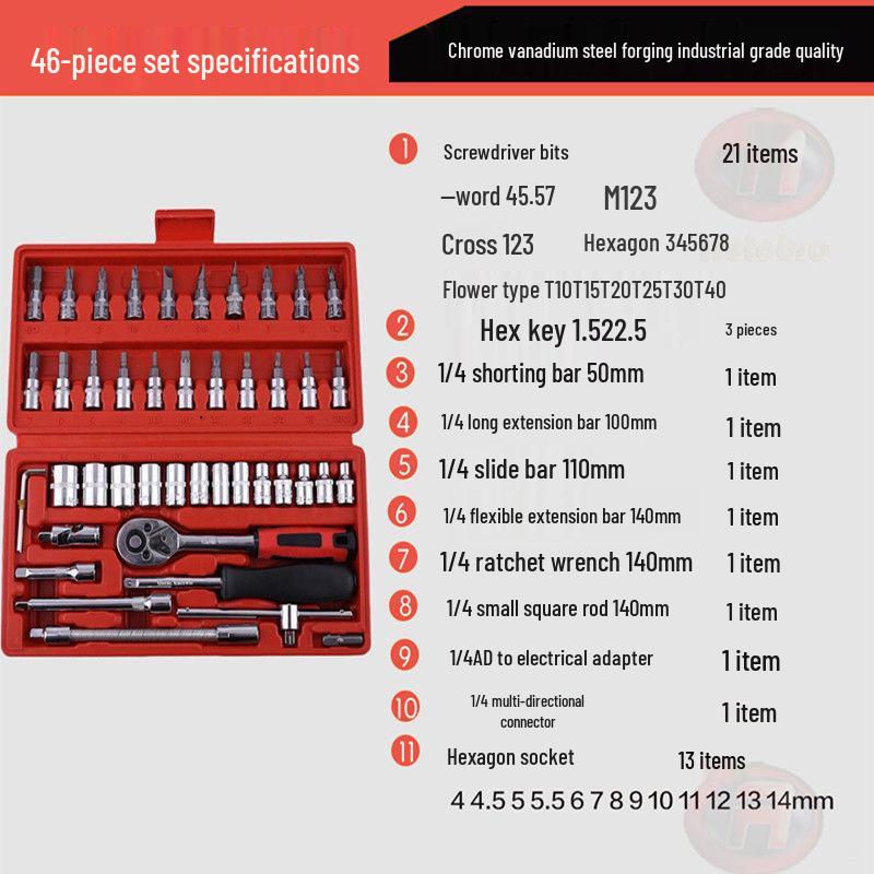 46-Piece Car & Motorcycle Repair Tool Set - Socket, Ratchet Wrench, Hex Key