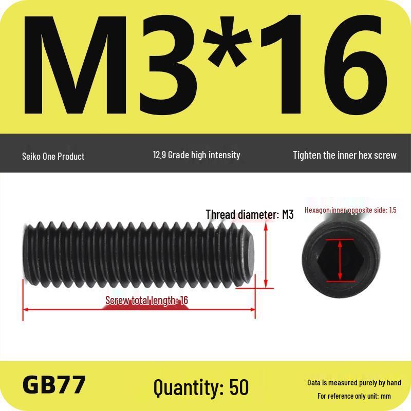 Class 12.9 Inner Hex Flat Head Headless Grub Screw M3-M12