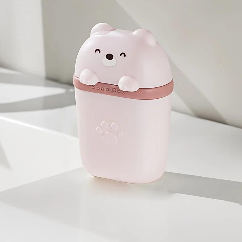 

Cartoon Bear Soap Dish Sealed Storage Box Waterproof Travel Household Bathroom Soap Box Camping Business Trip Travel Carry рожевий