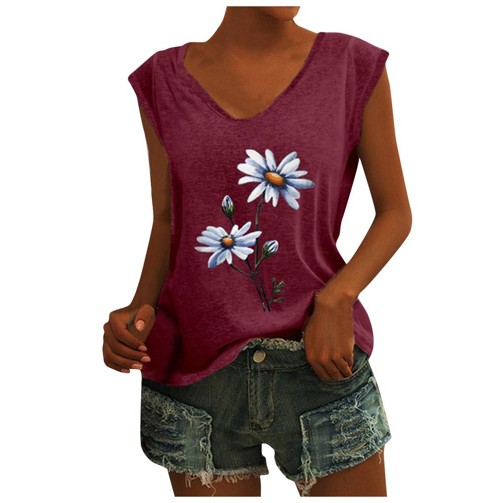 Women's V-Neck T-Shirt Casual Cap Sleeve Vest Print Loose Blouse Fit Tank Tops