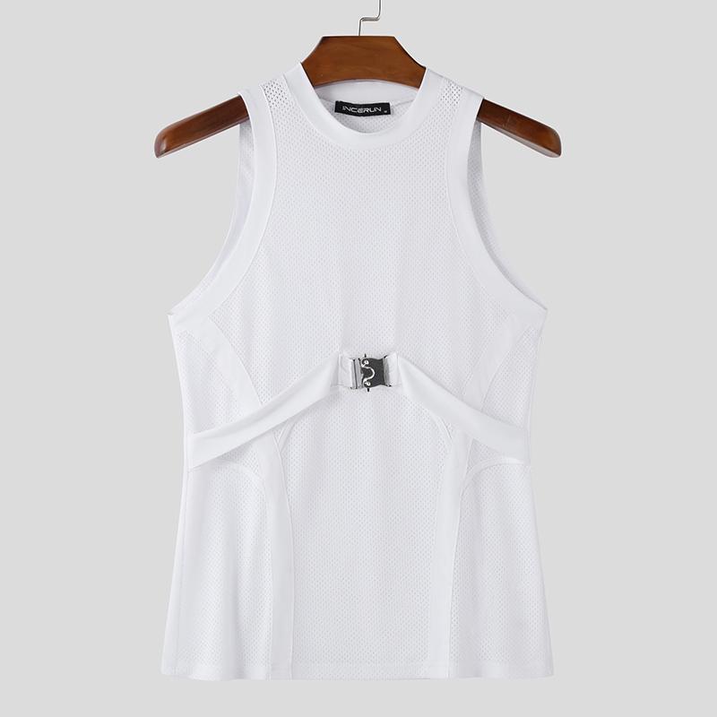 

INCERUN Men Summer O Neck Sleeveless Patchwork Stretch Casual Sport Hollow Tank Tops 2XL белый