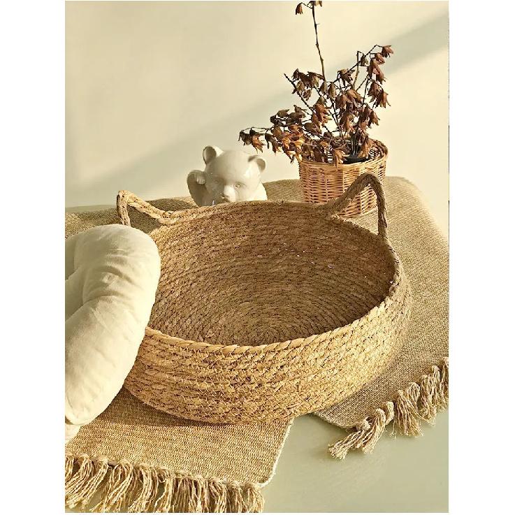 OUZEY Rattan Weaving Cat Basket Pet Cat Bed With Cushion Soft Warm Puppy Kitten Bed Donut Round Comfortable Sleeping Cat House