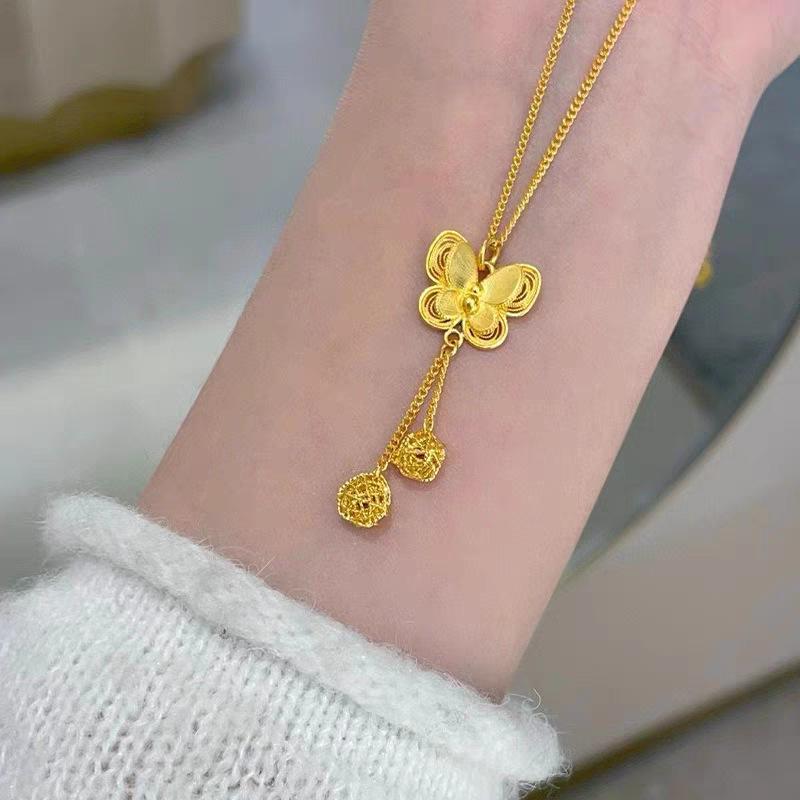 Gold Butterfly Tassel Necklace & Ring Set - Silk Floss Flash Design for Mid-Autumn Festival
