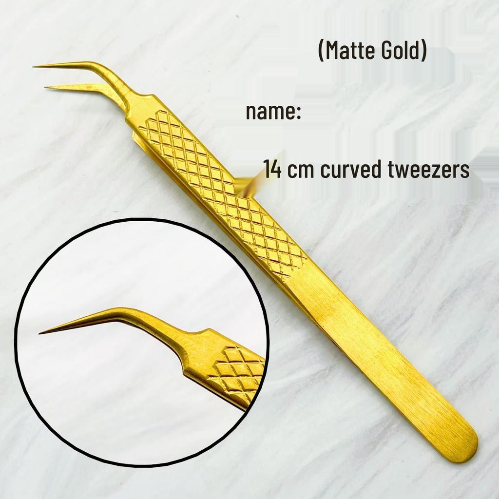 Gold Precision Eyelash Extension Tweezers: Feather Clamp, Dolphin Clamp, Blooming Tweezers