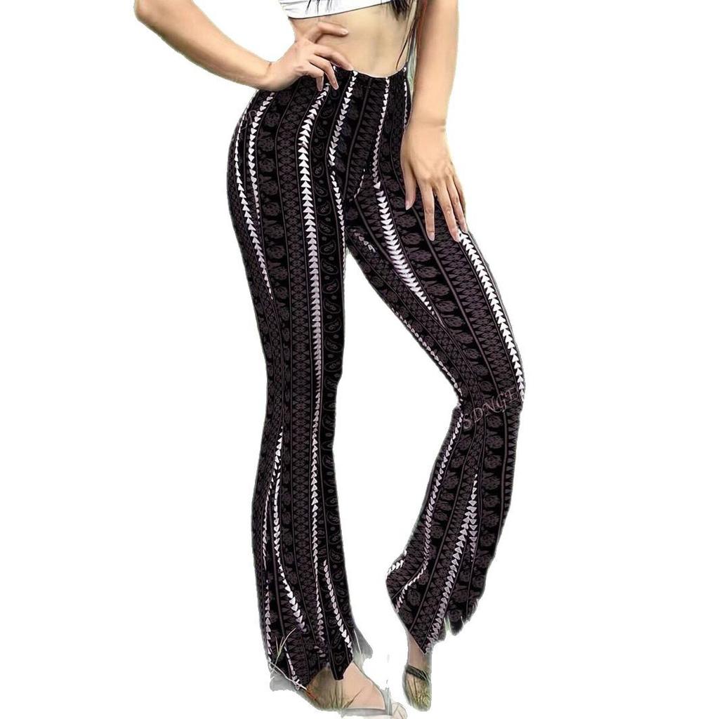 Women's Flared Pants with Paisley and Stripe Pattern, High Waist Bell Bottom Trousers