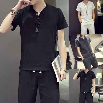 Mens Cotton Linen Set Solid Color Short-Sleeved T-Shirt Large Size Casual Set