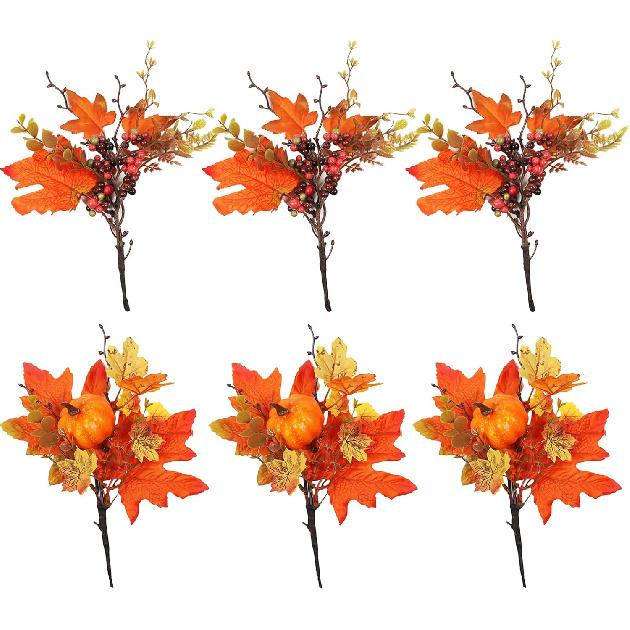 BEIJIALY 6Pcs Fall Floral Picks, Thanksgiving Table Flower Decor Fall Maple Leaves Branches with Pumpkins Berries Decor Fall Silk Leaves Branches for