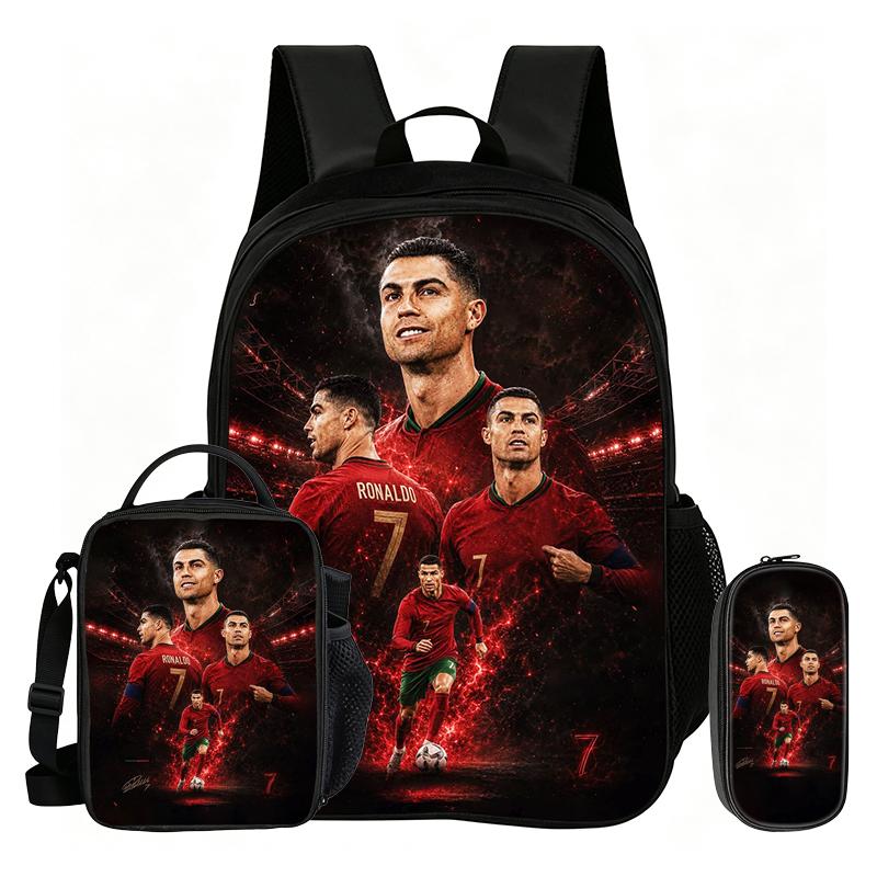 Ronaldo 3Pcs Set School Backpack Football Sport Backpack,Pencil Bags,with Lunch bag,Football Star Bookbag Knapsack