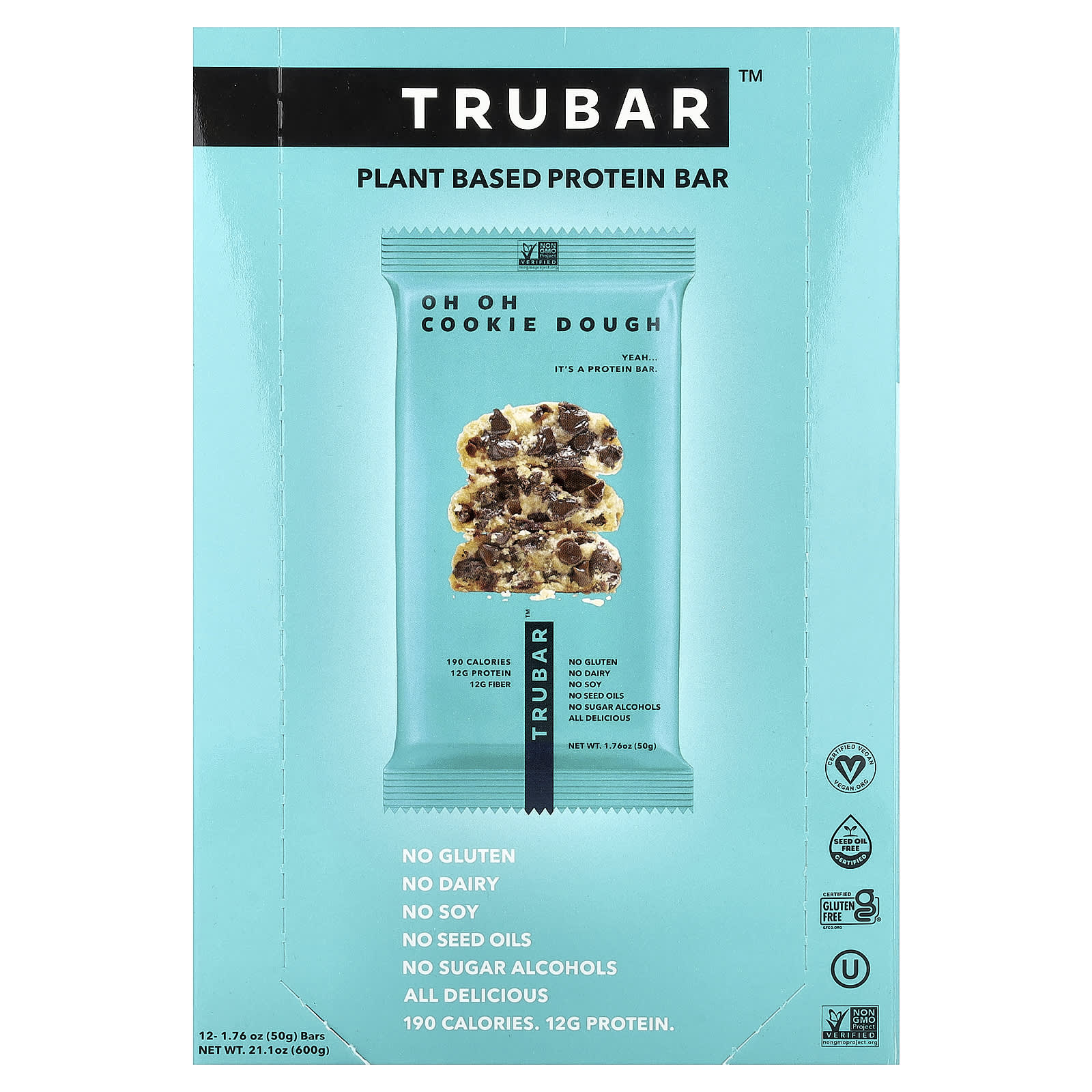

Trubar, Plant-Based Protein Bar, Oh Oh Cookie Dough, 12 Bars, 50g (1.76oz) Each