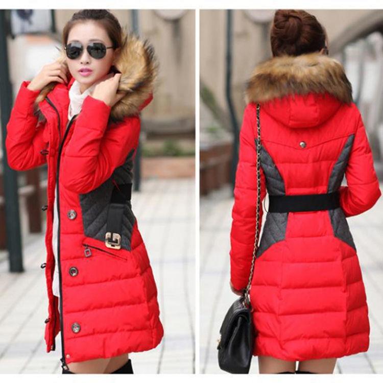 

Зимняя куртка с поясом Женское пальто с капюшоном Приталенная верхняя одежда Женская длинная парка Искусственный мех Хлопковая подкладка S красный