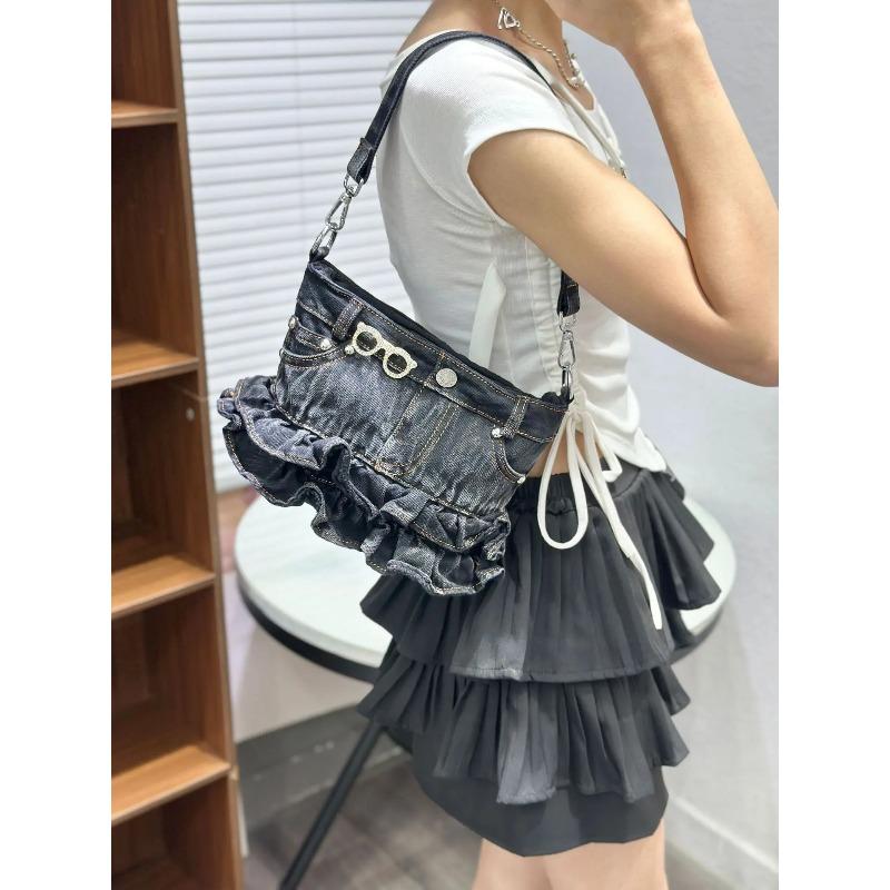 Denim Canvas Crossbody Shoulder Bag,Ruffled Edge Skirt Style Women Sling Bag,Blue Trendy All-Match Handbag,Commuter Chic Purse
