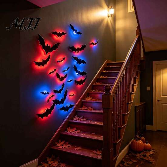 Easy Stick Halloween Wall Art LED Flying Bat, 3D Glowing Creepy Bats Decor, Festive Holiday Party Decorations 6 Sizes Durable PVC Ornaments for Indoor