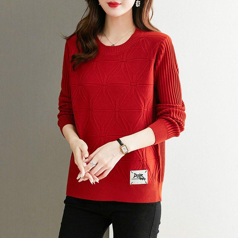 Fall Winter Women Plus Size Sweater Loose Short Pullover Knitwear Sweater Jacquard Crew Neck Stretch Jumper Knit Top