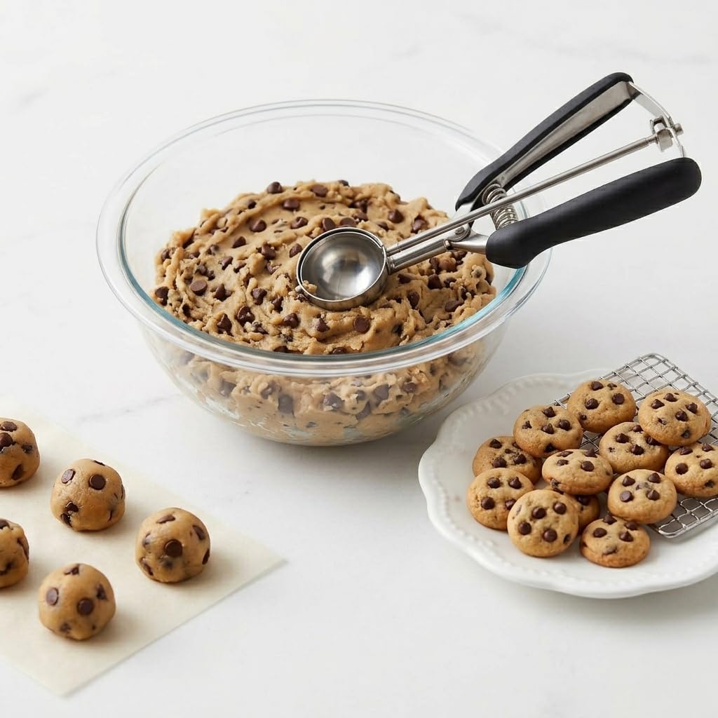 Cookie Scoop: 18/8 Stainless Steel 1 Tablespoon Portion Scooper for Baking - Spring-Loaded Trigger Release Ice Cream Scoop with Non-Slip Rubber Grip