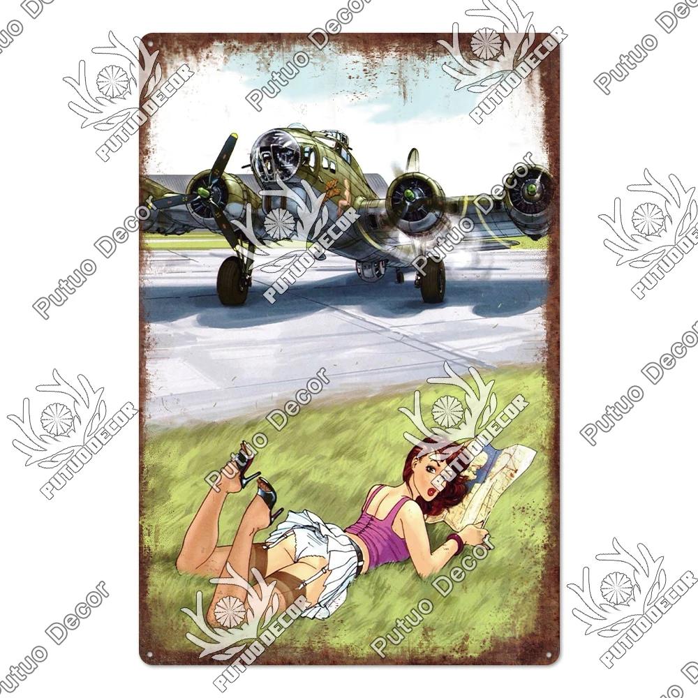 Putuo Decor Fighter Plane Vintage Tin Sign Plaque Metal Plate Retro Posters Wall Art Decoration for Garage Man Cave Pub Bar Club