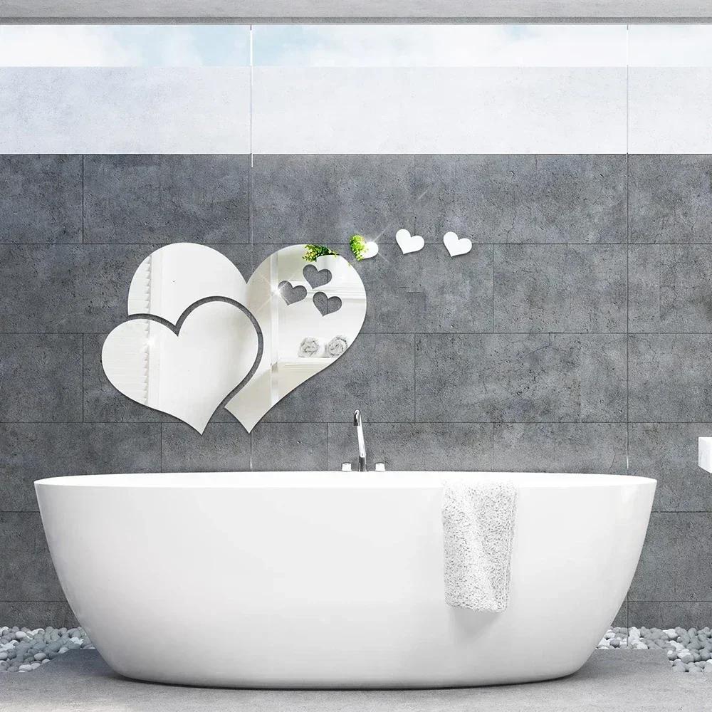 3D Glass Mirror Wall Stickers Hearts Fashion DIY Decals Self-adhesive LOVE Wedding Background Home Room Decoration Wallpaper