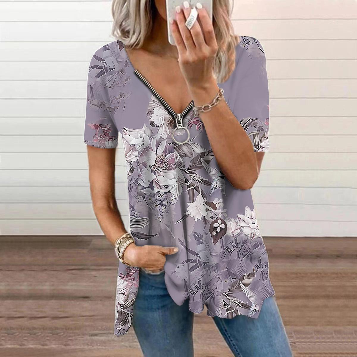 

Женский топ, летний новый модный синий диагональный топ с розовым принтом, повседневный топ на молнии с v-образным вырезом и короткими рукавами 8XL светло-фиолетовый