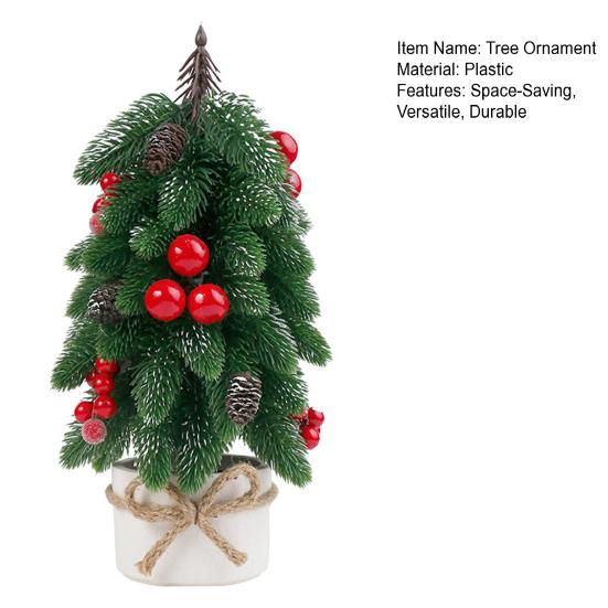 Mini Artificial Christmas Tree Ornament Tabletop Noble Fir with Red Berries Festive Holiday Decoration for Home Office Party