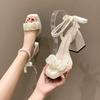 Fashion Women Sandals French Fairy Pearl Roman Sandal Elegant Square Toe High Heeled Sandals Banquet Party Shoes for Women Pumps