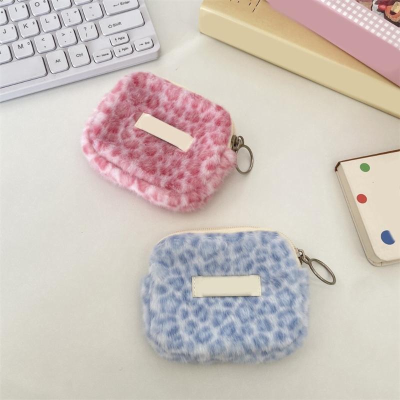 Plush Leopard Print Multifunctional Storage Pouch with Smooth Zippers for Organizing ID Cards Coin Keys and Small Items