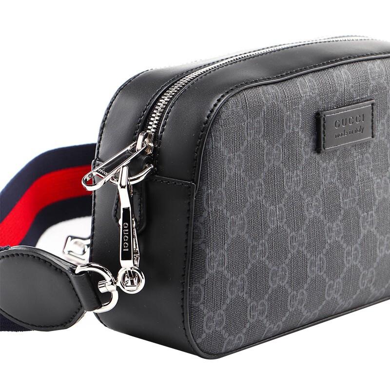 Gucci Vintage Logo Stripe Web Leather Logo Canvas And Leather Camera Bag Men Shoulder Bag Black Gray 574886-K5RLN-1095