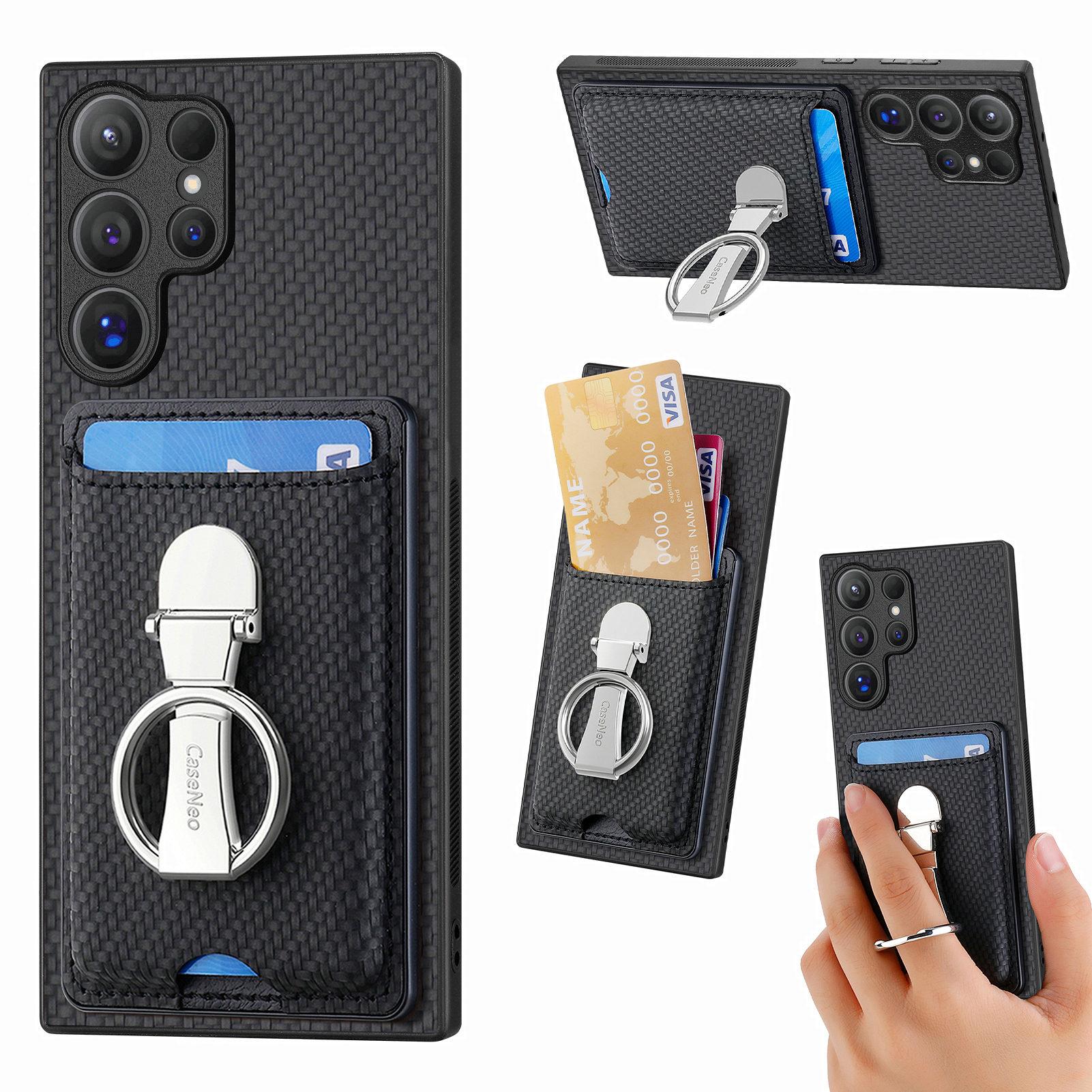 

Кожаная задняя крышка для телефона Samsung Galaxy S25 Ultra с подставкой и слотами для карт, текстура углеродного волокна Black