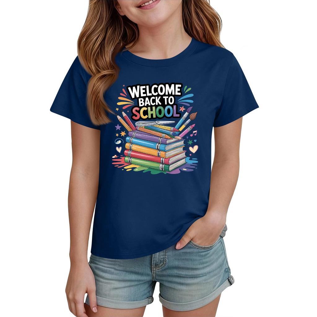 Kids Short Sleeve T Shirt Casual Crew Neck Tee Top Children Back to School Graphic Printed Lightweight Comfortable Summer Wear