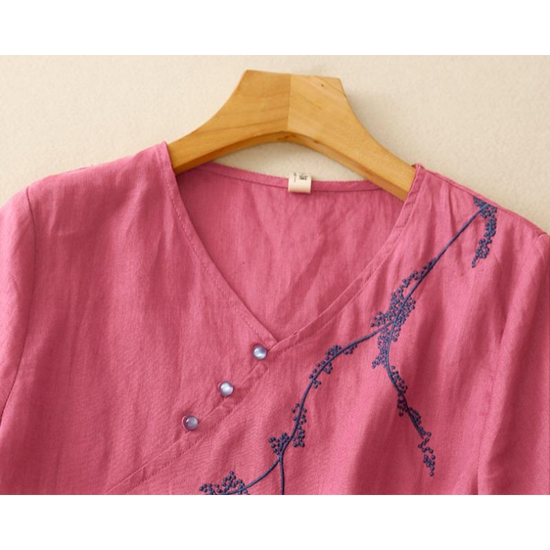 Dimanaf 2025 Women Summer Plus Size Loose T-Shirt Printing Short Sleeve V-Neck Linen Basic Thin Vintage Tops Tees Maxi