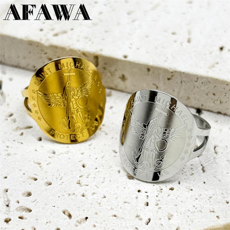 Saint Michael Protect Us Rings for Women Men Stainless Steel Gold Silver Color Protection Amulet Ring Jewelry anillos grandes