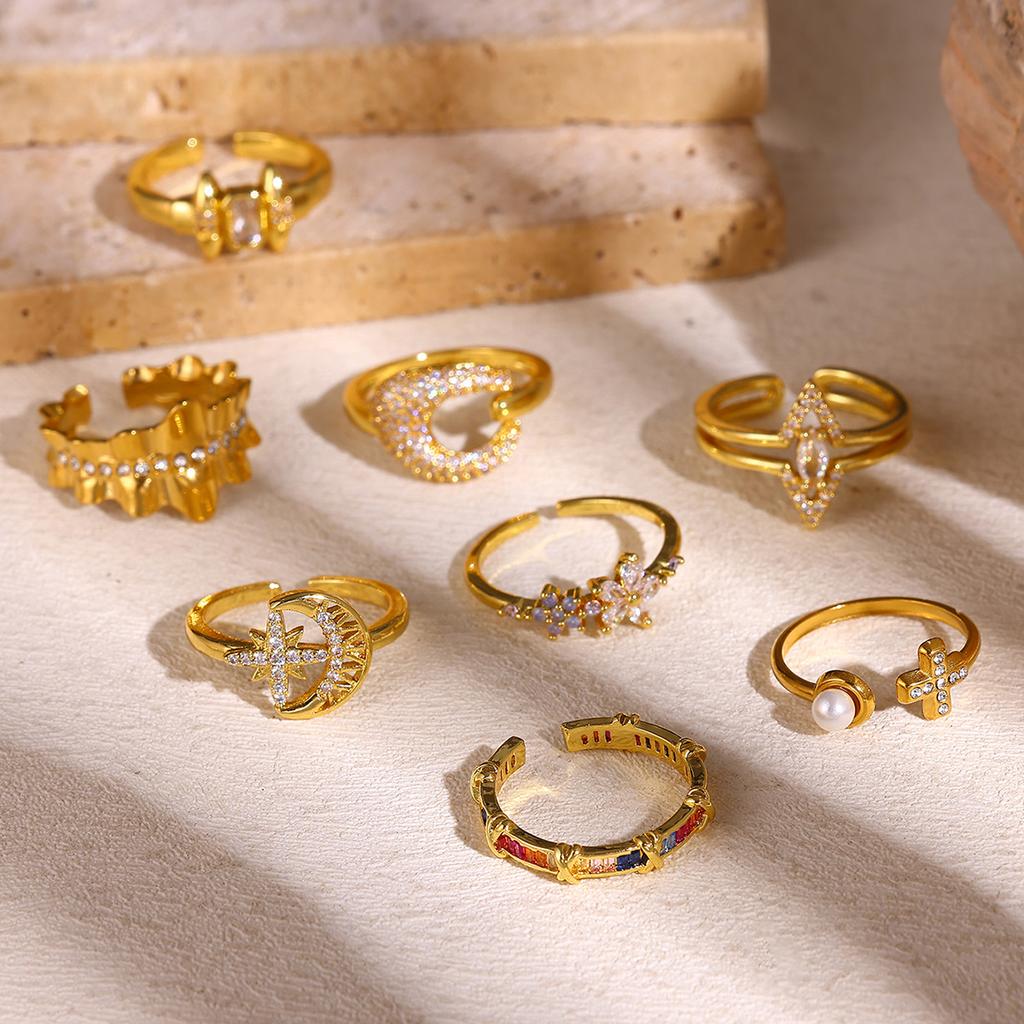 Fashion Gold Color Open Rings For Women Zirconia Moon Star Cross Adjustable Finger Ring Flower Romantic Aesthetics Jewelry Gift
