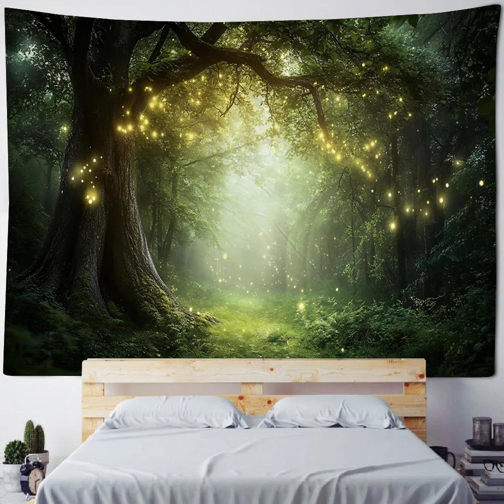 Firefly Forest Dreamy Landscape Tapestry Hippie Starry Sky Wall Hanging Cloth Aesthetic Home Art Decoration Poster