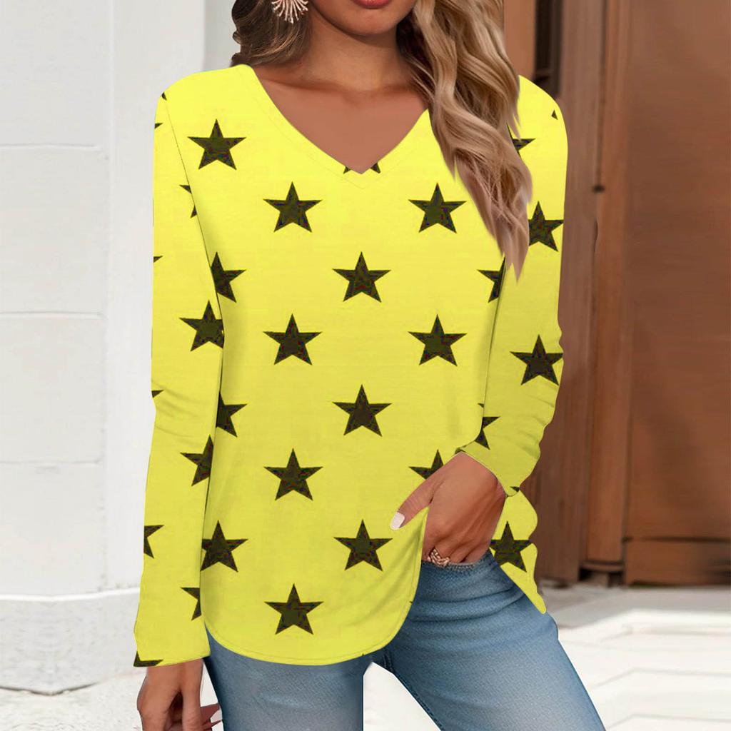V-neck 3D Printed Star Pattern Top Fashionable Casual Long Sleeved Women's T-shirts