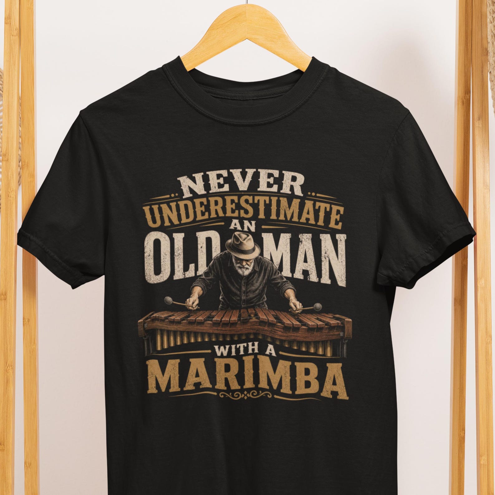 Old Man with Marimba T-Shirt – Funny Musician Percussionist Tee S