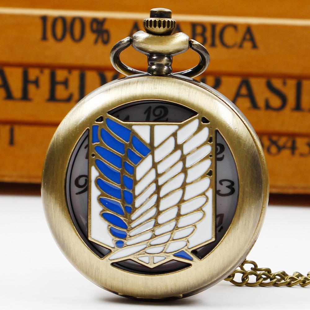 

10pcs/lot Wholesale Quartz Pocket Watch Vintage Pendant Anime Attack on Tatin Design Necklace Chain Pocket Fob Watches Men Women
