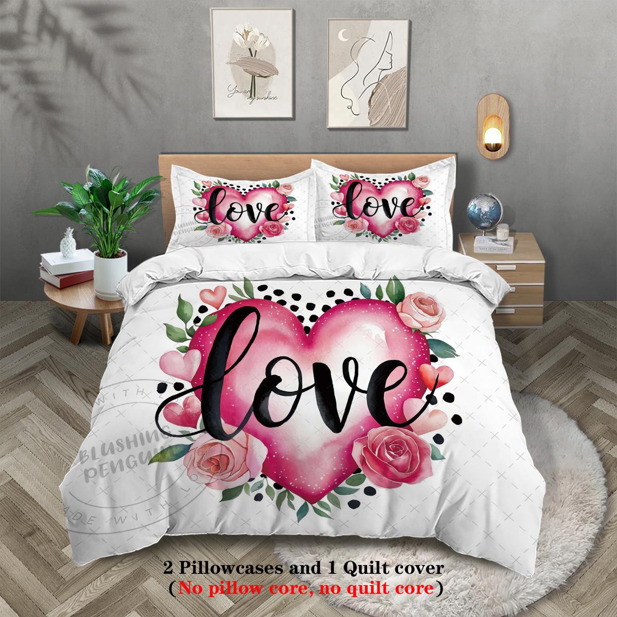

3pcs Duvet cover King size Set, Red love pattern printed Duvet cover set, soft, comfortable and breathable, for bedroom, hotel 135x200cm-EU-Single