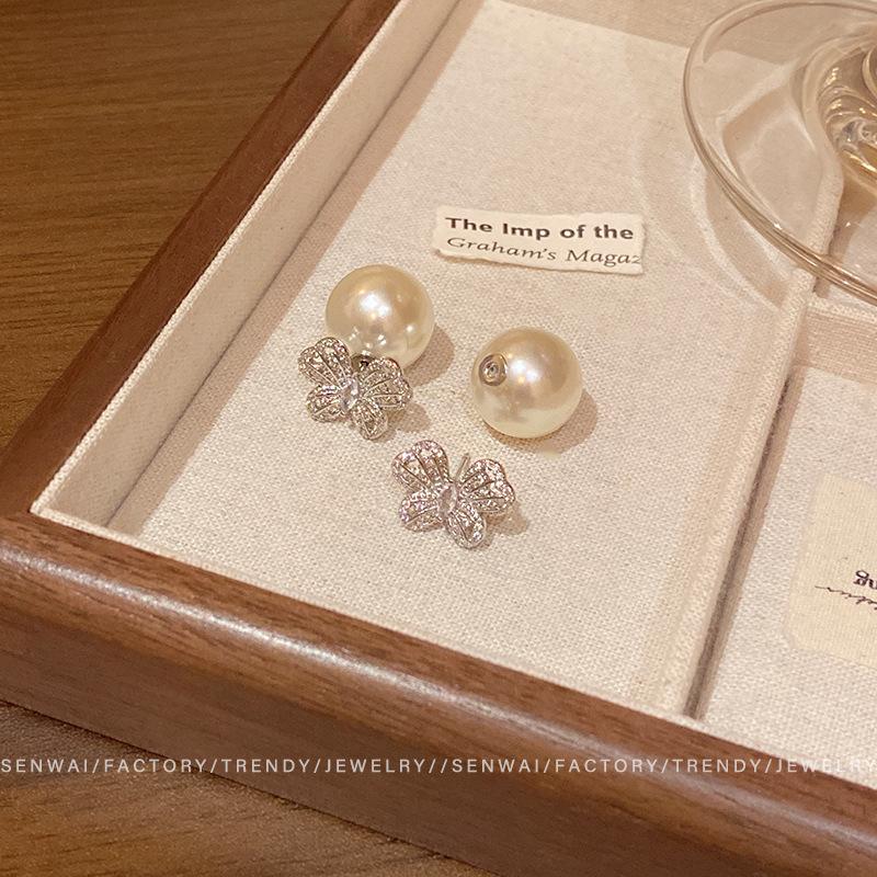 

Micro zircon butterfly pearl earrings female design sense a two wear stud earrings Korean Internet celebrity earrings