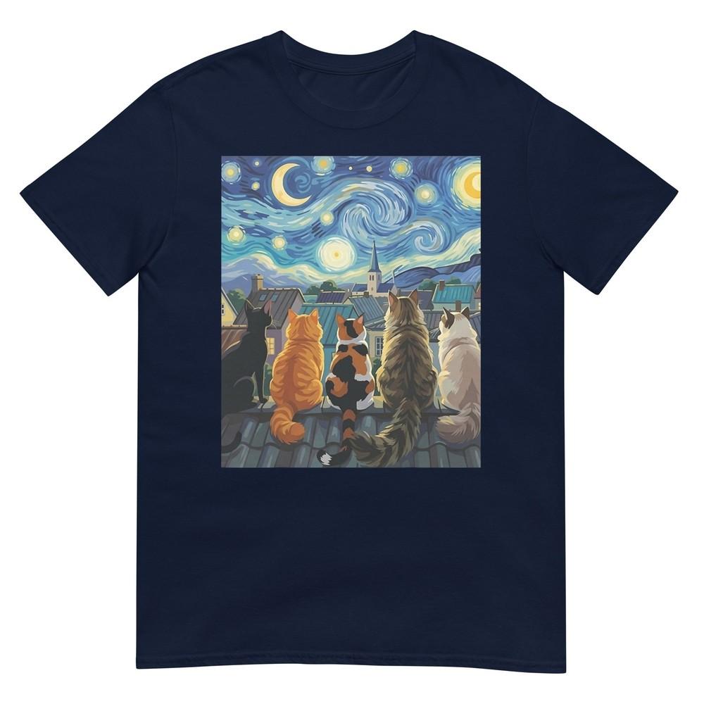Funny Cat StarryNight Van Gogh Cats Rooftop Scene Feline TShirt S