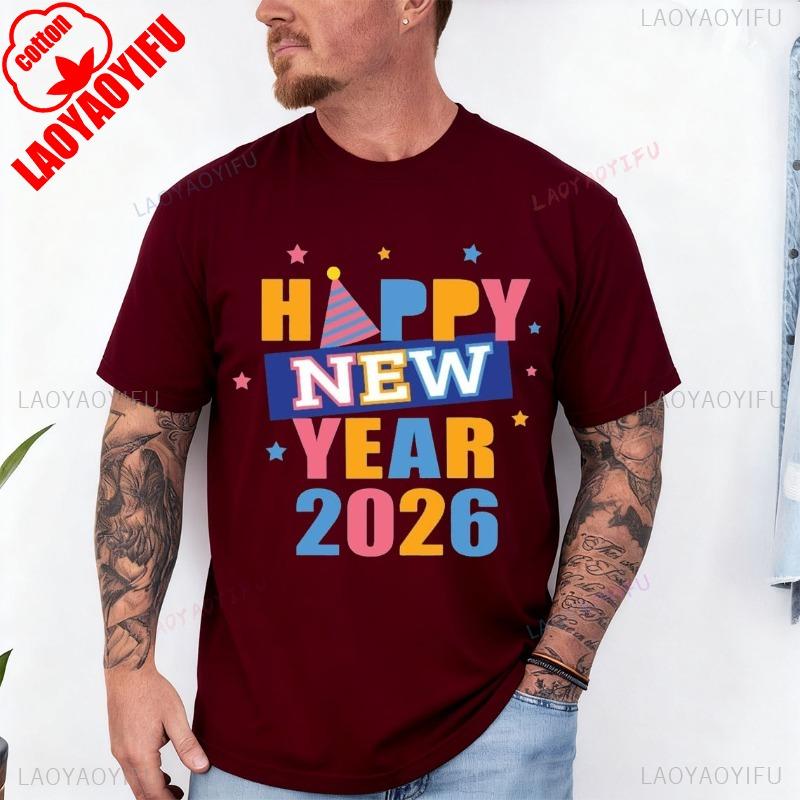 Happy New Year Colorful 2026 with Stars Adult TShirt Crew Neck Short Sleeve Cotton Top All Seasons Casual Fashion Comfortable