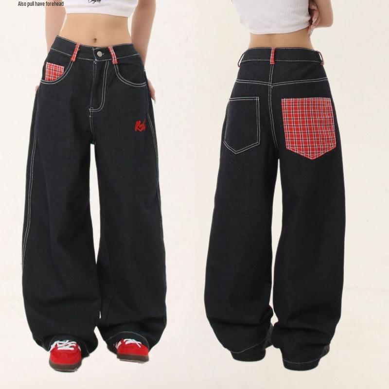 Jeans Rectos con Puño de Patchwork Cuadros Americanos - Pantalones Casuales Retro de Verano para Mujer