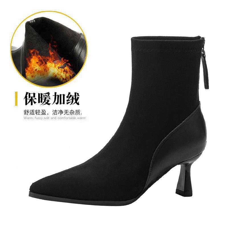 High Heel Short Boots Thin Heel Pointed Skinny Boots Suede Splicing Coffee Boots Medium Boots
