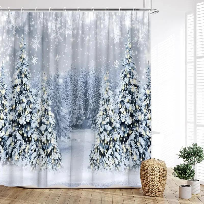 Christmas Reindeer Shower Curtain Winter Xmas Trees Full Moon Moose New Year Home Bathroom Decoration Bath Curtains