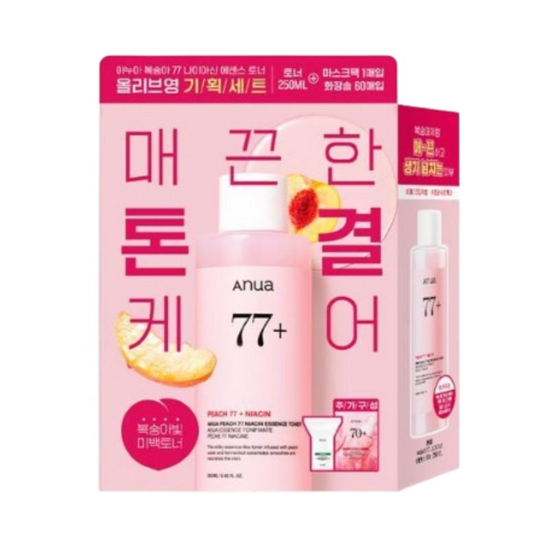 Anua Peach 77 Niacin Essence Toner 250ml Set (Includes Mask Pack 1pc + Cotton Pads 60pcs)