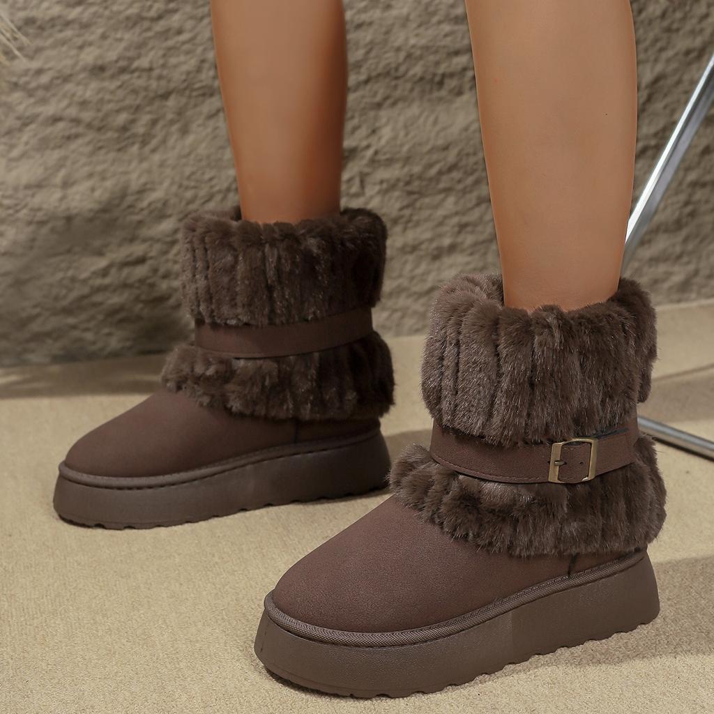 Women's New Winter Furry Belt Buckle Retro Warm Snow Boots Chunky Sole Fleece Lined Thickened Non Slip Cotton Shoes