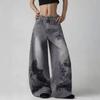Luźne Szerokie Spodnie Jeansowe Zniszczone Wypłukiwane Kobiety Mężczyźni Streetwear Vintage Nadruk Luźny Krój Wysoki Stan