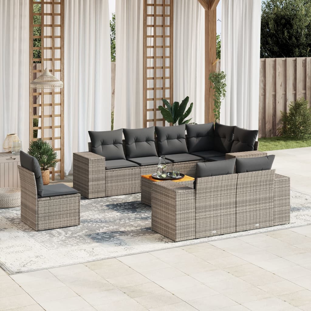 9 Piece Garden Sofa Set with Cushions Gray Poly Rattan
