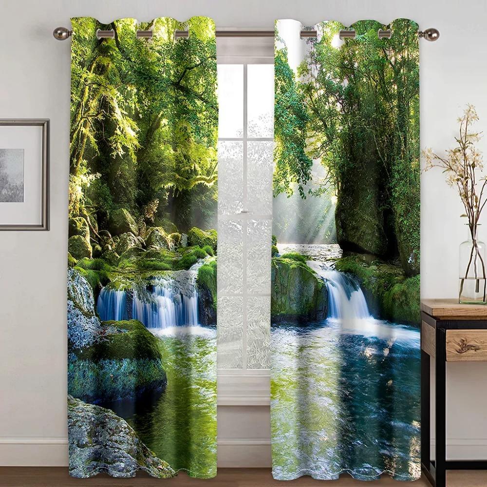 3D Printed Sunshine Forest Waterfall Curtains for Bedroom Drapes Mountain Stream Natural Landscape Window Curtain Living Room