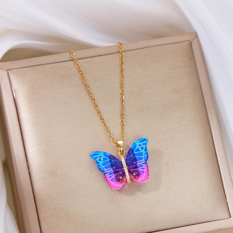 Simple Resin Butterfly Necklace for Women Gradient Colorful Insect Pendant Clavicle Chain Necklace Exquisite Party Jewelry
