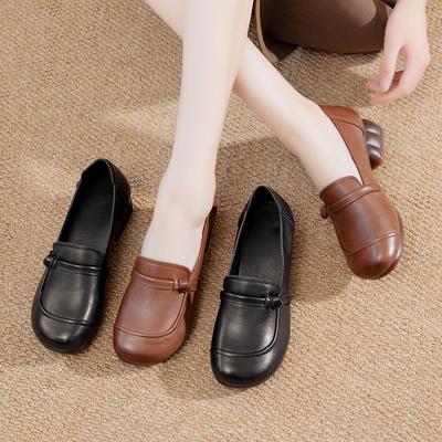 Frühling neue Leder weiche Sohle Mutter Schuhe Retro Rindsleder Ethnischer Stil Rutschfest dicker Absatz Damen Single Shoes